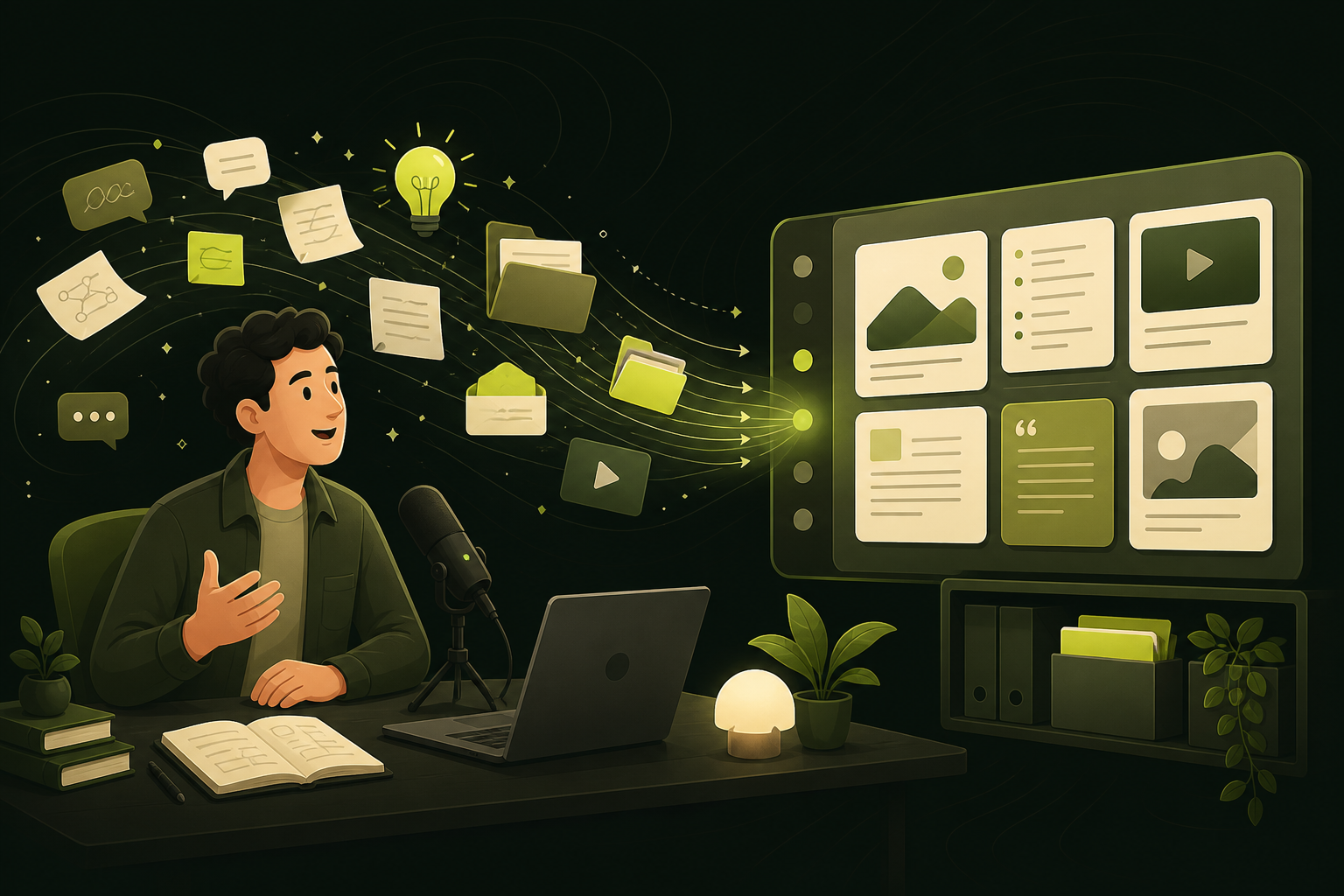 Illustration of founder knowledge flowing into an organized content workspace